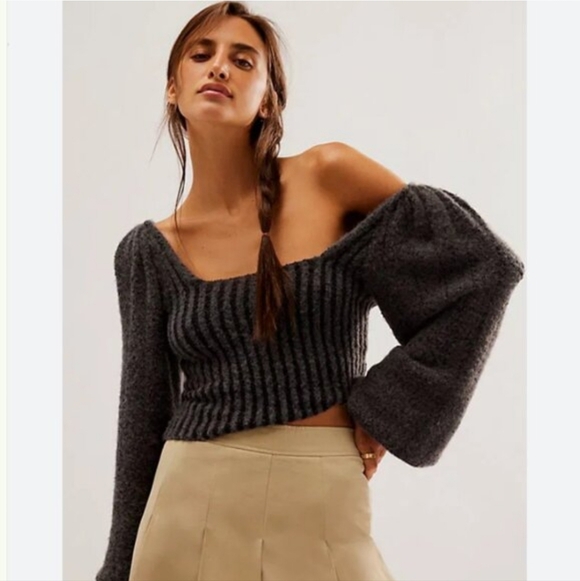 Free People Katie Ribbed Cropped Sweater Black Combo XS Puff Sleeve - Picture 3 of 8